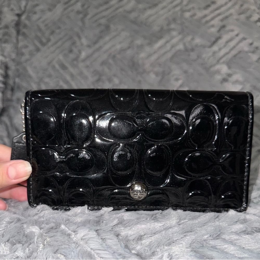 Coach Patent Leather Embossed Wallet - Black